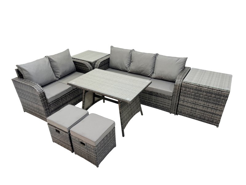 Fimous Garden Rattan Outdoor Furniture Set 7 Seater with Love Sofa 3 Seater Sofa 2 Side Table 2 Small Stools Dark Grey