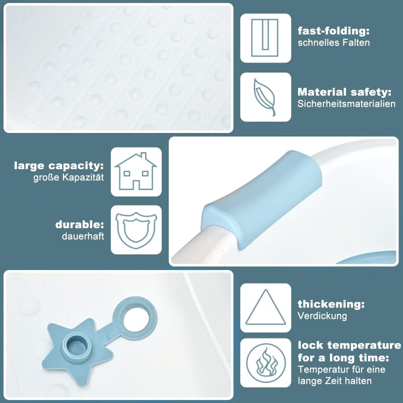 Fimous Foldable Adult Bathtub Body Spa Freestanding Soaking Tub Non-Slip Bathing Shower for Bathroom Blue