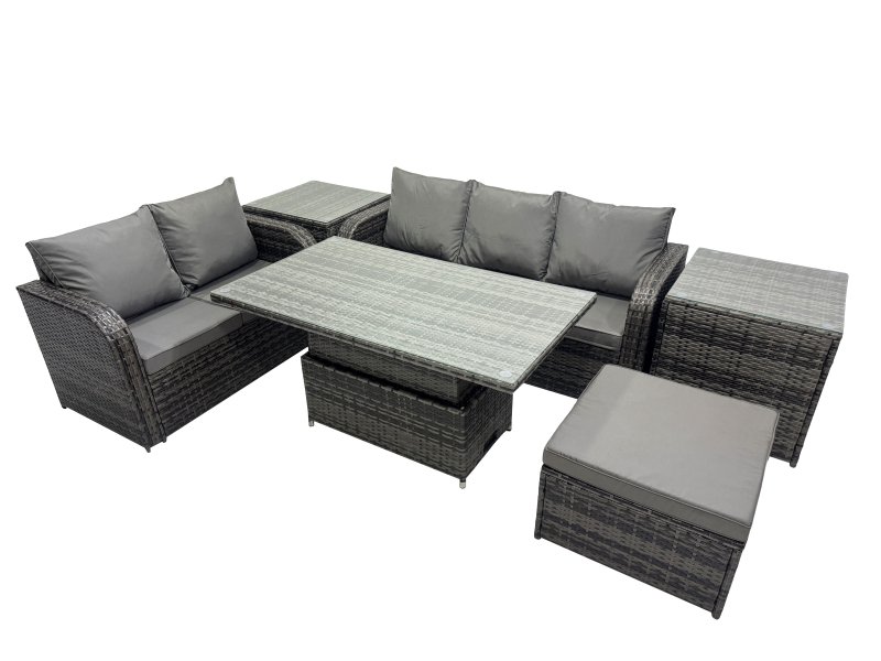 Fimous Rattan Garden Furniture Dining Set 6-seater Patio Height Adjustable Rising Lifting Table Sofa Set with 2 Side Tables Dark Grey Mixed