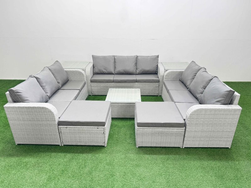 Fimous PE Rattan Lounge Sofa Set 11 Seater Outdoor Garden Furniture Set with Square Coffee Table 3 Seater Sofa 2 Big Footstools 2 Side Table Light Grey