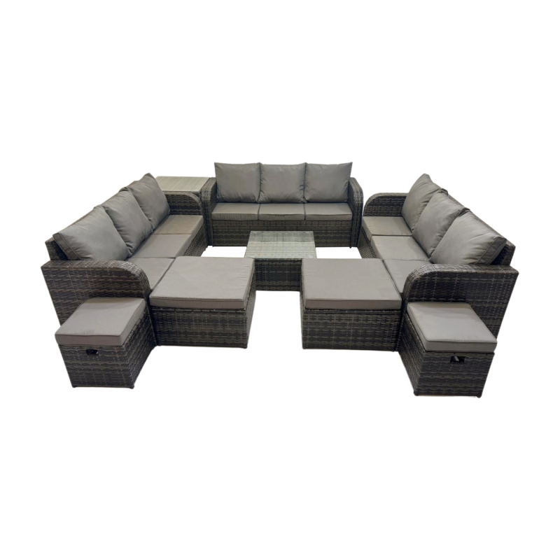 Fimous Rattan Garden Outdoor Furniture Set 3 Seater Sofa Square Coffee Table Set with 4 Stools Side Table Dark Grey Mixed