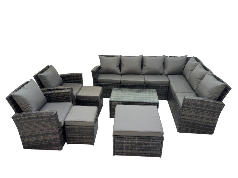 Fimous Rattan Garden Outdoor Furniture Set 11 Seater Garden Sofa Coffee Table Set with Chair 3 Footstools Dark Grey Mixed