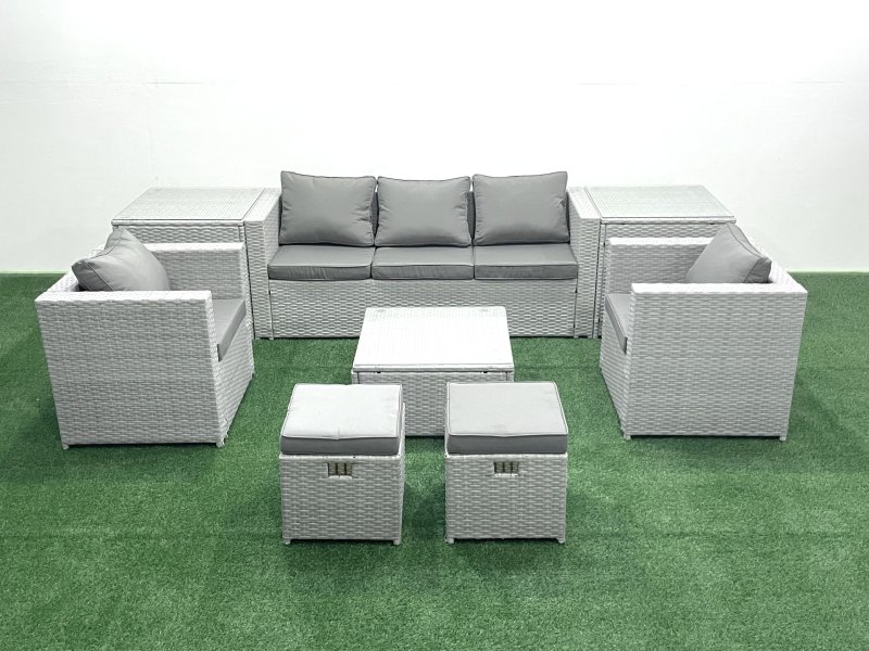 Fimous 7 Seater Rattan Garden Furniture Set with 3 Seater Sofa 2 Chair Square Coffee Table 2 Small Footstools 2 Side Tables Light Grey Mixed