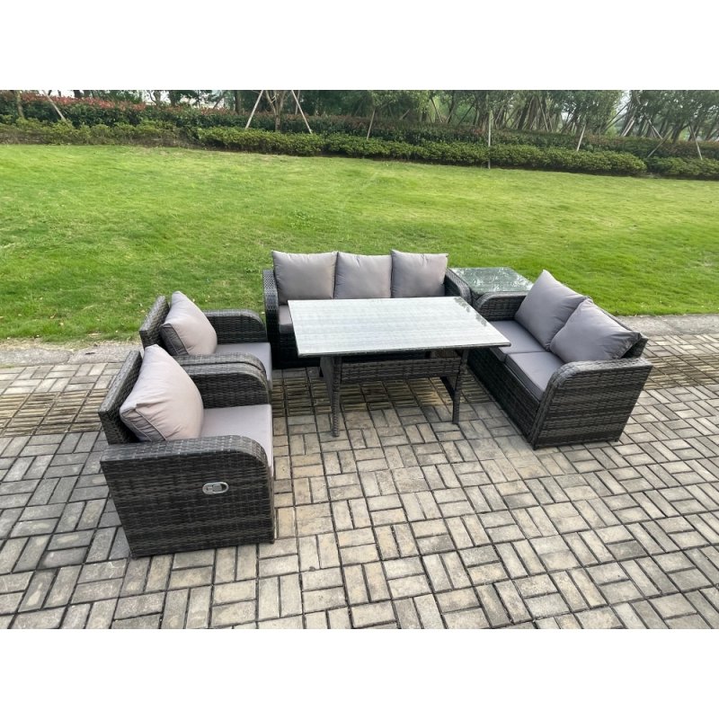 Fimous Dark Grey PE Wicker Rattan Garden Furniture Set Reclining Chair Love Sofa 2 Seater Sofa Set Outdoor Rectangular Dining Table Side Table 7 Seater
