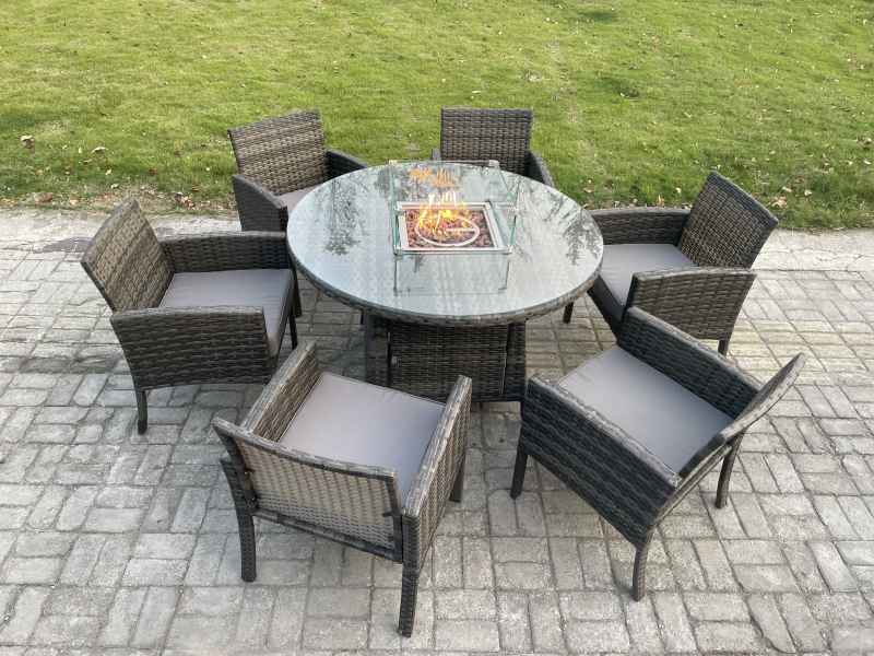 Fimous Outdoor Rattan Garden Furniture Set Gas Fire Pit Round Table Sets Gas Heater with 6 Seater Dining Cahirs Dark Grey Mixed