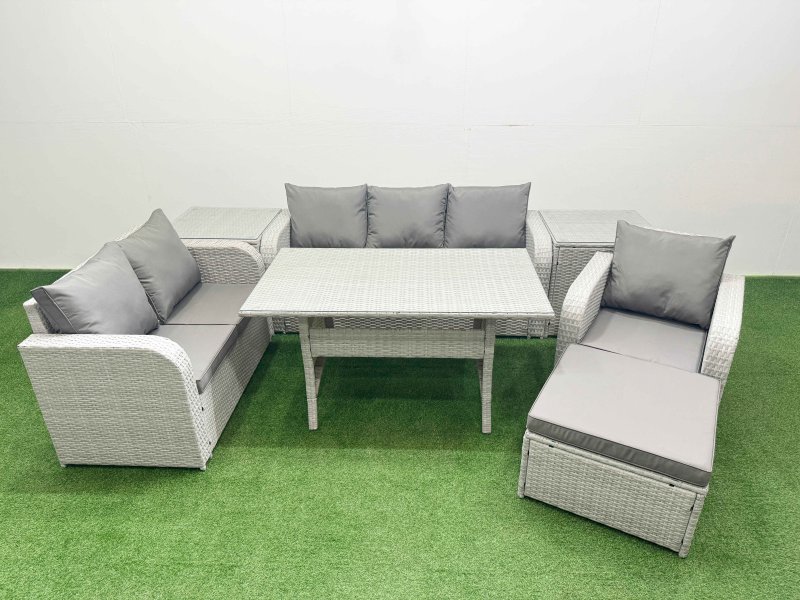 Fimous Patio PE Wicker 7 Seater Outdoor Rattan Furniture Sofa Sets with Rectangular Dining Table Reclining Chair Loveseat Sofa 3 Seater Sofa Big Footstool 2 Side Table Light Grey