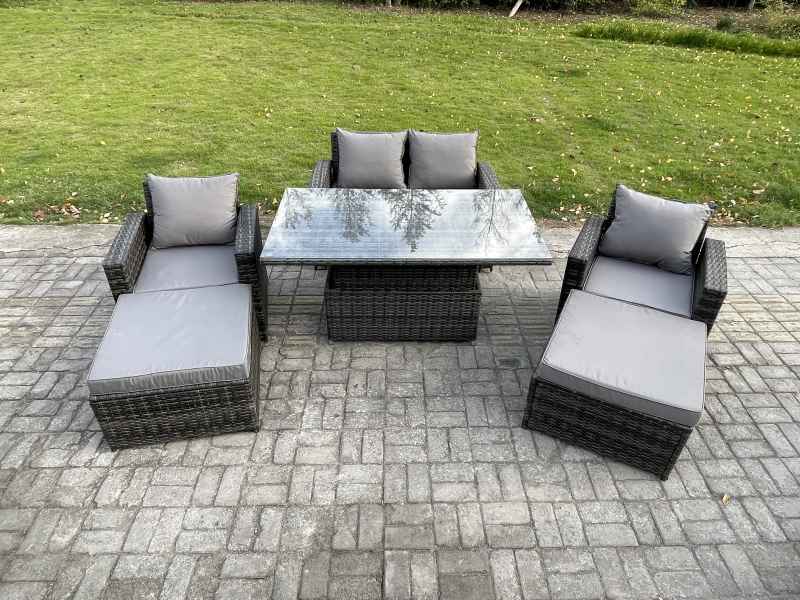 Fimous Wicker Rattan Garden Furniture Rising Table Set with 2 Big Footstool Double Seat Sofa Armchairs Dark Grey Mixed