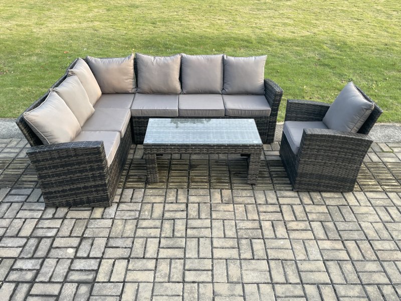 Fimous 7 Seat Rattan Garden Furniture Corner Sofa Set Outdoor Patio Chair Sofa Table Set Dark Grey Mixed