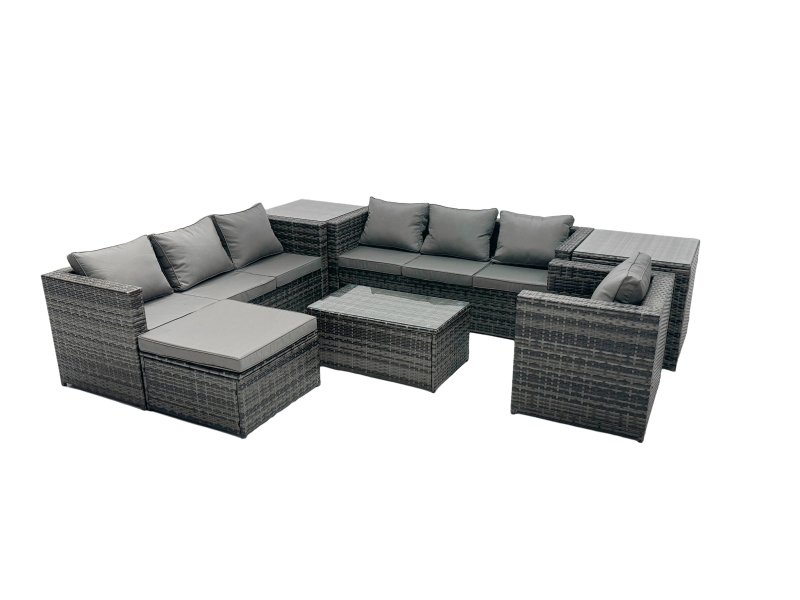 Fimous Rattan Garden Furniture Dining Set 8-seater Patio Coffee Table Sofa Set with Big Stool 2 Side Tables Dark Grey Mixed
