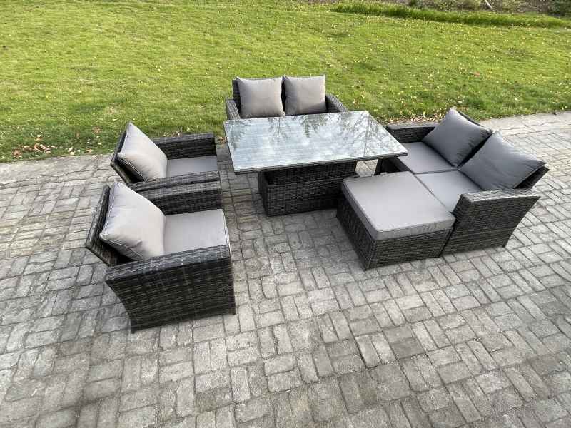 Fimous Rattan Garden Furniture Sets 7 Seater Patio Outdoor Rising Lifting Table Sofa Set with Double Seat Sofa Big Footstool Dark Grey Mixed