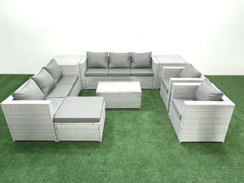 Fimous Outdoor Rattan Sofa Garden Furniture Set with 2 Armchairs Oblong Coffee Table Big Footstool 2 Side Tables Light Grey Mixed