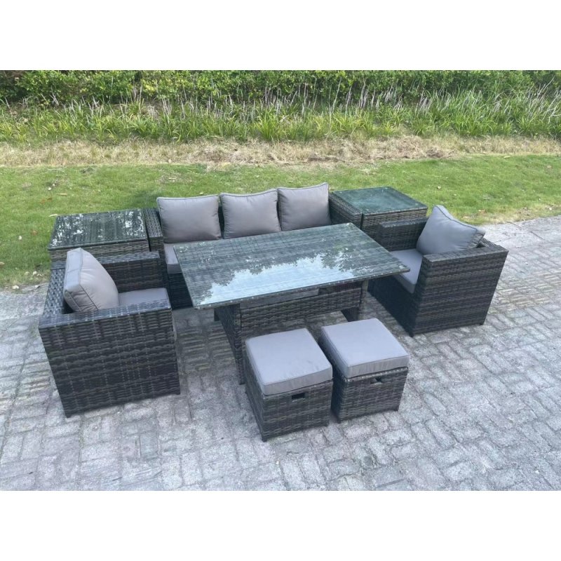 Fimous Outdoor Garden Furniture Set Patio Rattan Rectangular Dining Table Lounge Sofa Chair with 2 Side Table 2 Small Stools Dark Grey Mixed
