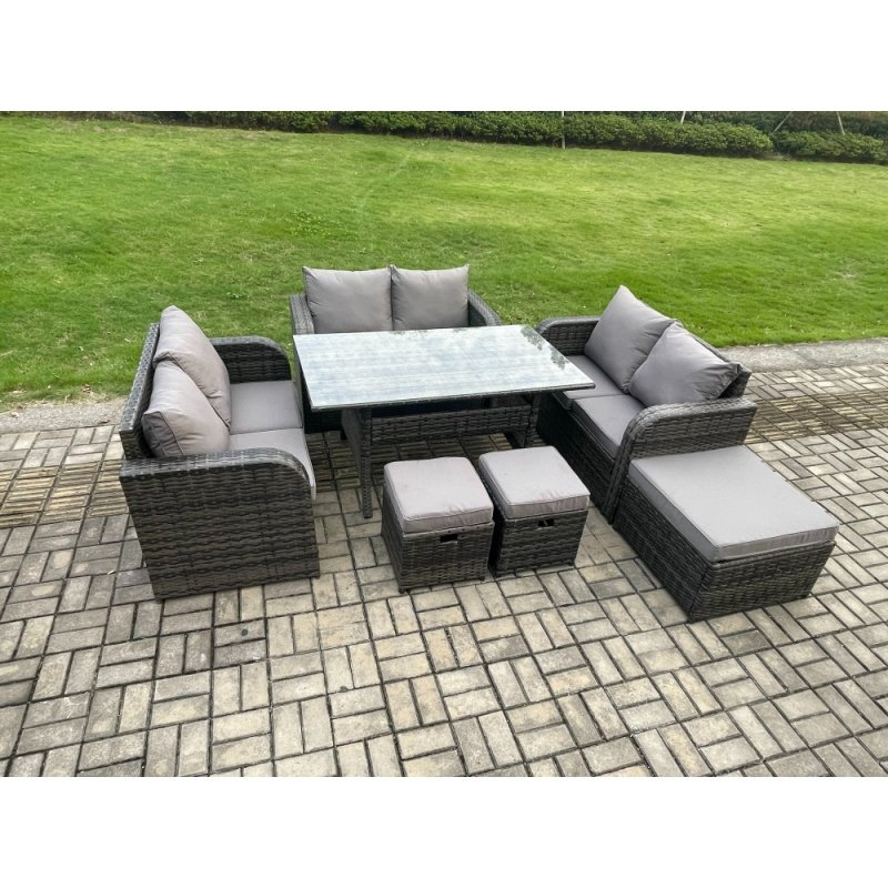 Fimous 9 Seater Outdoor Rattan Garden Furniture Set with Patio Rectangular Dining Table Love Sofa 3 Footstools Dark Grey Mixed