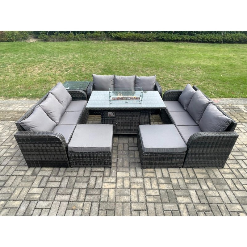Fimous Outdoor Rattan Furniture Garden Dining Set Gas Fire Pit Table With Side Table Lounge Sofa 2 Big Footstool