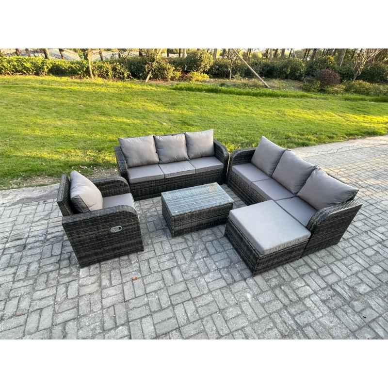 Fimous 8 Seater Rattan Outdoor Garden Furniture Sofa Set Patio Table & Chairs Set with 3 Seater Sofa Reclining Chair 3 Seater Sofa Big Footstool Dark Grey Mixed