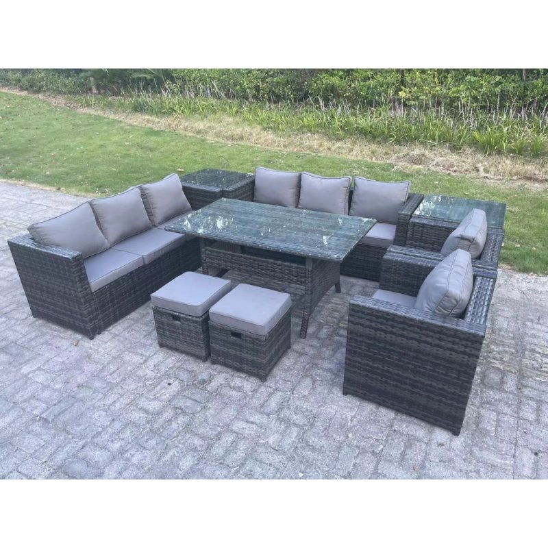 Fimous 10 Seater Outdoor Wicker Garden Furniture Rattan Lounge Sofa Set Patio Rectangular Dining Table with 2 Armchair 2 Side Table 2 Small Stools Dark Grey Mixed