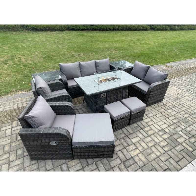 Fimous PE Wicker Outdoor Rattan Garden Furniture Set Propane Gas Fire Pit Table and Sofa Chair set with 3 Footstools 2 Side Tables