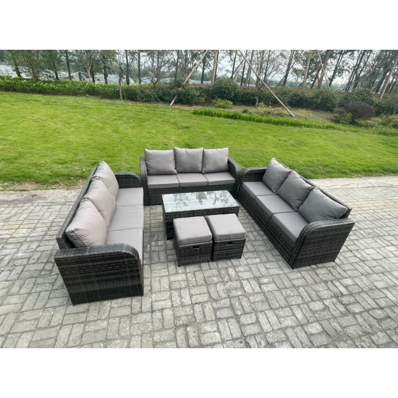 Fimous 11 Seater Rattan Garden Furniture Set Indoor Outdoor Patio Sofa Set with Coffee Table 2 Small Footstools Dark Grey Mixed