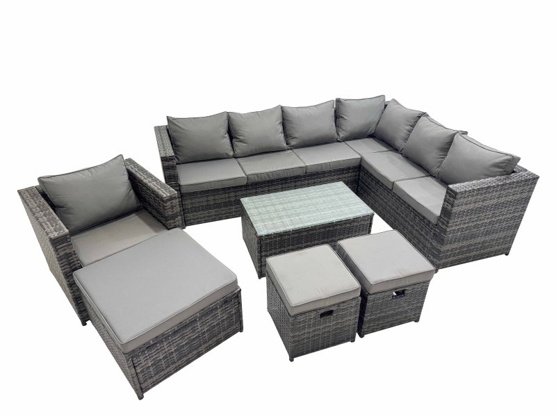 Fimous Patio Sofa Oblong Coffee Table Set Rattan Garden Furniture Set with 3 Stools Chair Dark Grey Mixed
