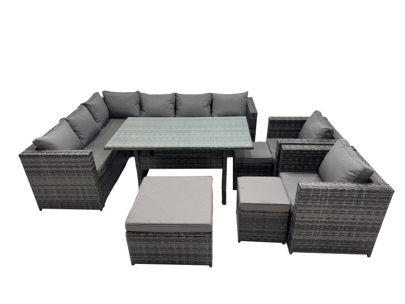Fimous Outdoor PE Rattan Sofa Set with Dining Table Patio Garden Furniture Sets with 3 Stool Dark Grey Mixed