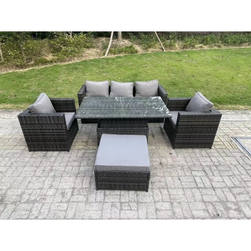 Fimous Rattan Garden Furniture Sofa Set Outdoor Adjustable Rising Lifting Dining Table Set with 2 Armchairs Big Footstool Dark Grey Mixed