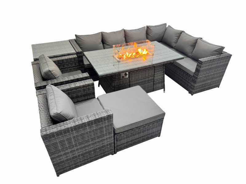 Fimous Garden Rattan Furniture Set 9 Seater Outdoor Corner Sofa 2 Chair Gas Firepit Dining Table Set with Big Stool Side Table Dark Grey