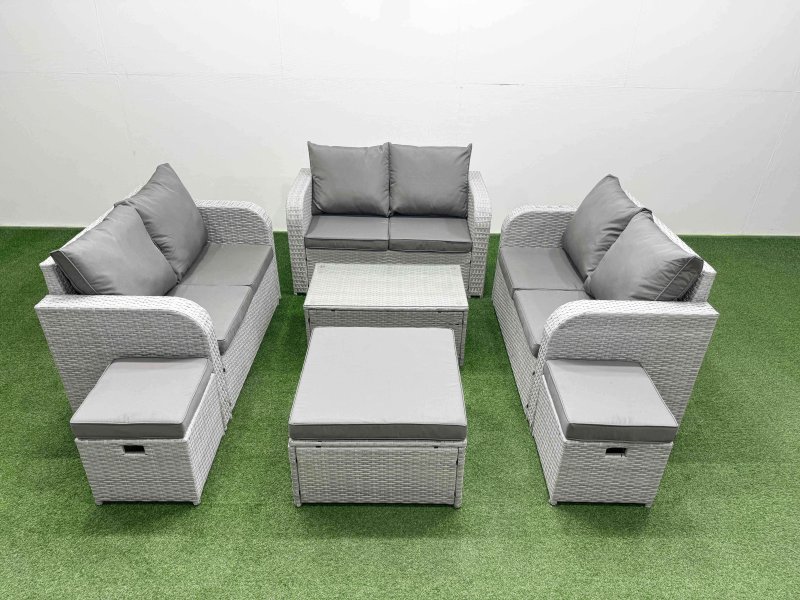 Fimous 9 Seater PE Wicker Rattan Furniture Sofa Sets with Rectangular Coffee Table 2 Seater Love Sofa 3 Stool Light Grey