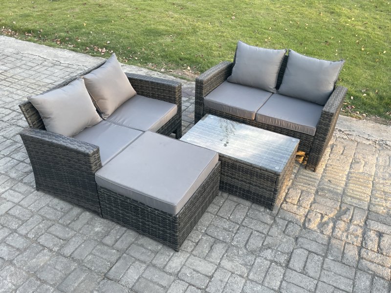 Fimous Wicker Rattan Garden Furniture Sofa Set with Rectangular Coffee Table Double Seat Sofa Big Footstool 5 Seater Outdoor Rattan Set Dark Grey Mixed