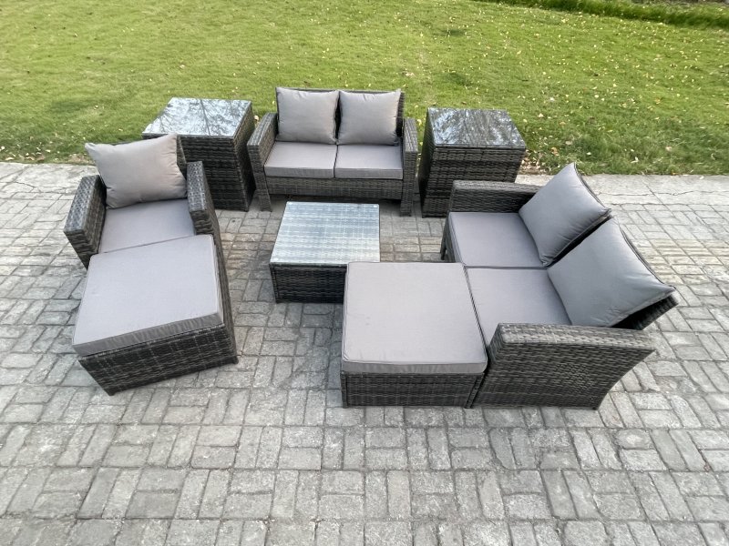 Fimous 7 Seater Outdoor Rattan Garden Furniture Set Conservatory Patio Sofa Coffee Table Set with Chair 2 Side Tables 2 Big Footstool Dark Grey Mixed