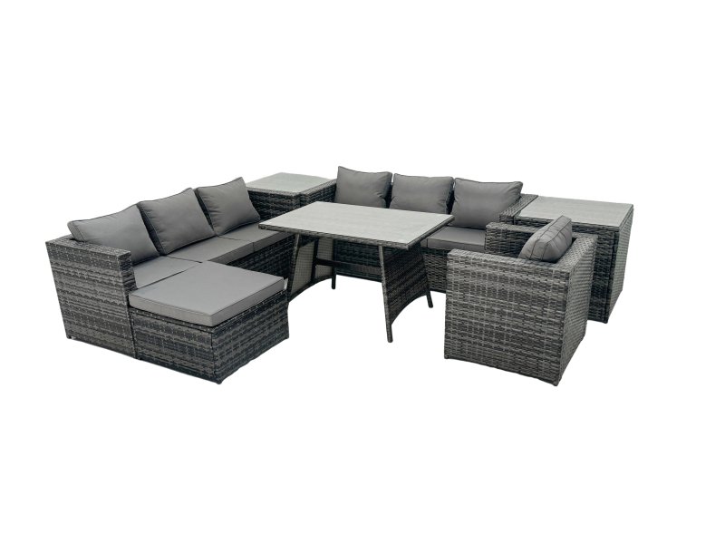 Fimous Rattan Dining Table Sofa Set with 2 Side Table Big Footstool Outdoor Garden Furniture Set Dark Grey Mixed