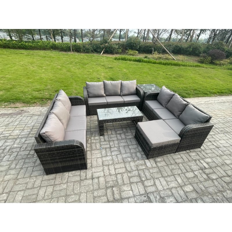 Fimous Outdoor Lounge Sofa Set 10 Seater Rattan Garden Furniture Set with Rectangular Coffee Table Side Table Big Footstool 3 Seater Sofa Dark Grey Mixed
