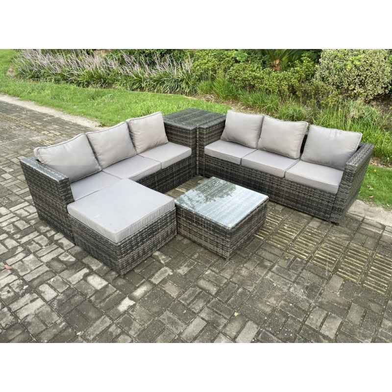 Fimous 7 Seater Rattan Garden Furniture Sofa Set with Side Table Square Coffee Table Big Footstool Indoor Outdoor Rattan Set Dark Grey Mixed