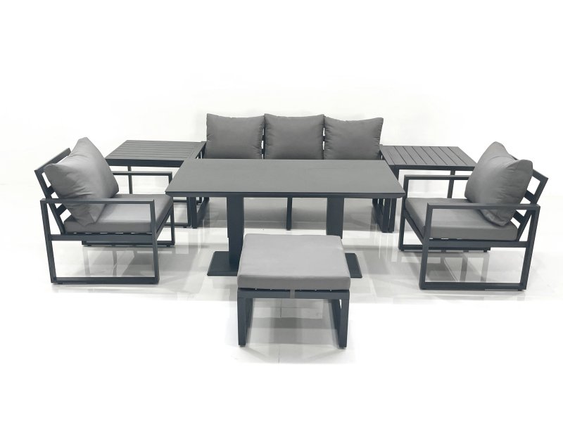 Fimous Outdoor Aluminium Garden Furniture Set with Adjustable Rising Lifting Dining Table 3 Seater Sofa 2 Chair Big Footstool 2 Side Tables Dark Grey