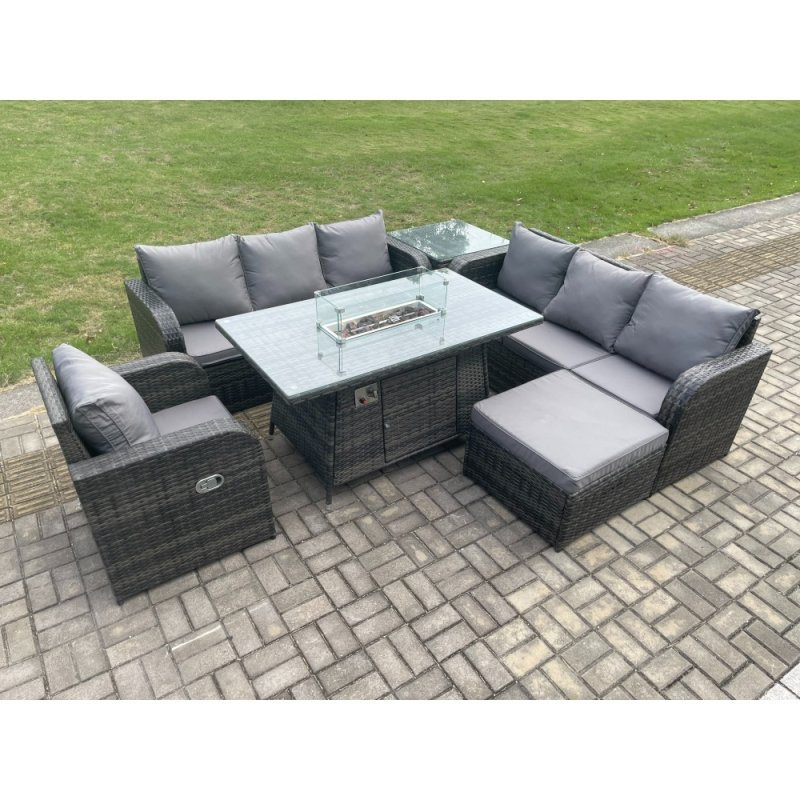 Fimous Rattan Outdoor Furniture Gas Fire Pit Rectangle Dining Table Gas Heater Reclining Chair 3 Seater Sofa Sets with Big Footstool Side Table 8 Seater