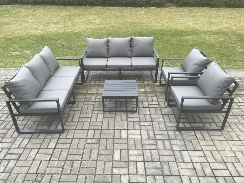 Fimous Aluminium Outdoor Lounge Sofa Set Garden Furniture Sets with Square Coffee Table 2 Chairs Dark Grey 8 Seater