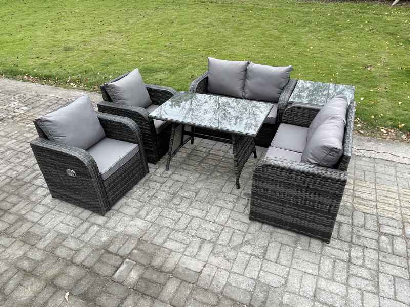 Fimous Wicker PE Rattan Garden Dining Set Outdoor Furniture Sofa with Rectangular Dining Table Side Table Dark Grey Mixed