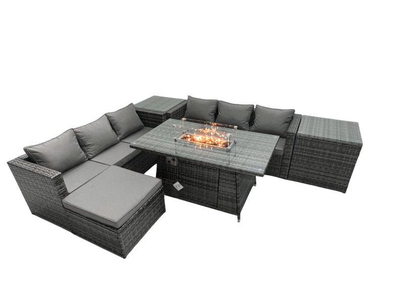 Fimous Rattan Garden Furniture Firepit Dining Set 7 Seater Lounge Sofa Table Set with 2 Side Tables Footstool