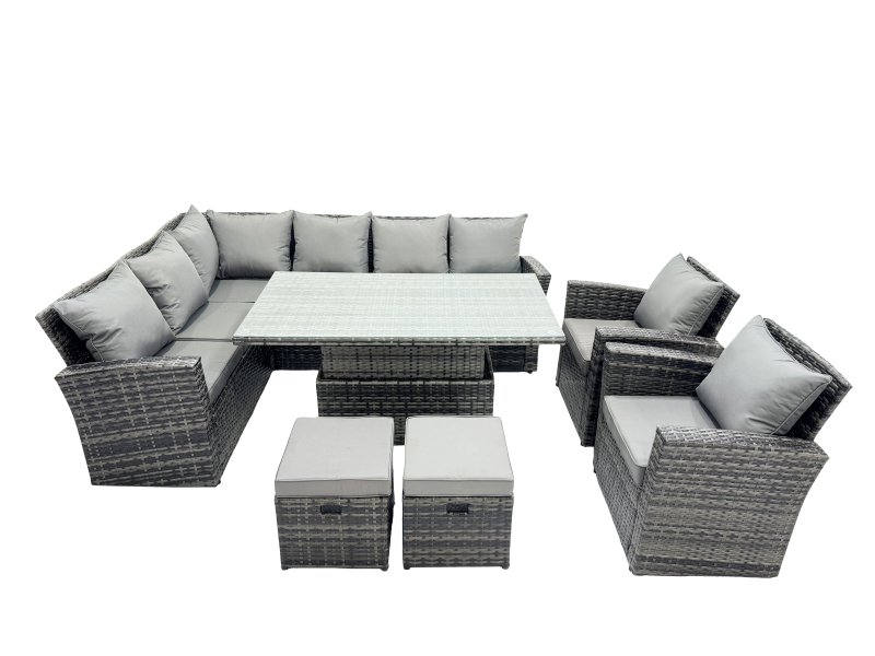 Fimous Poly Rattan Outdoor Patio Height Adjustable Rising Lifting Table Corner Sofa Set with 2 Small Stool,2 Chairs for Garden Backyard Dark Grey Mixed