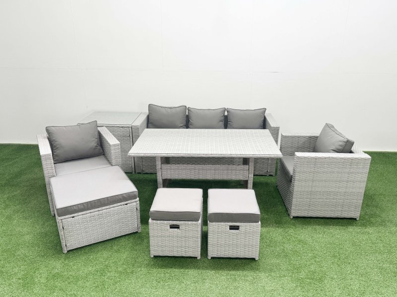Fimous Garden Dining Set Outdoor Rattan Furniture Set with Sofa Dining Table 2 Chairs 3 Footstools Side Table Light Grey Mixed