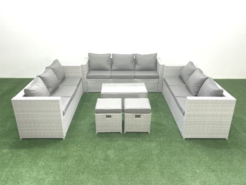 Fimous Rattan Garden Outdoor Furniture Set 11 Seater Garden Sofa Coffee Table Set with 2 Small Footstool Light Grey Mixed