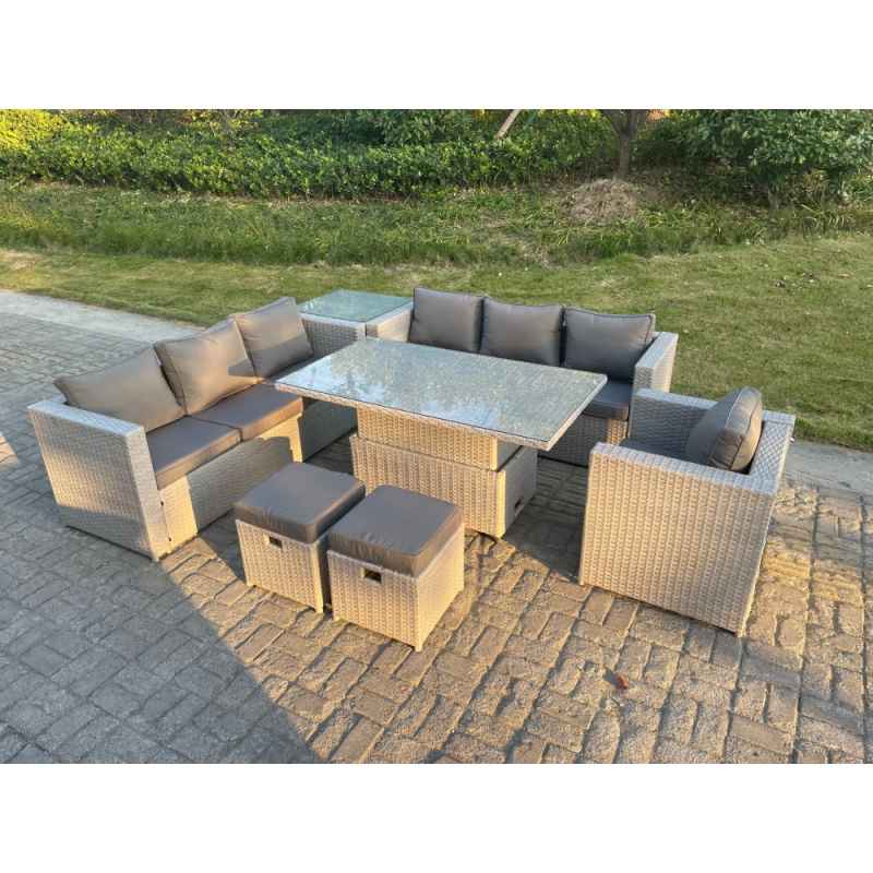 Fimous Rattan Garden Funiture Set Height Adjustable Rising Lifting Table Sofa Dining Set Side Coffee Tea Table Chair Stool