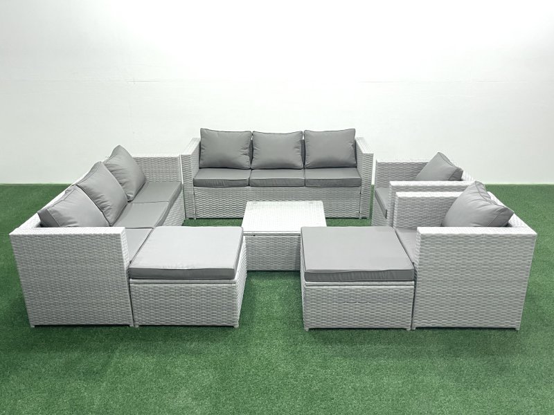 Fimous Outdoor Rattan Sofa Garden Furniture Set with 2 Armchairs Square Coffee Table 2 Big Footstools Light Grey Mixed