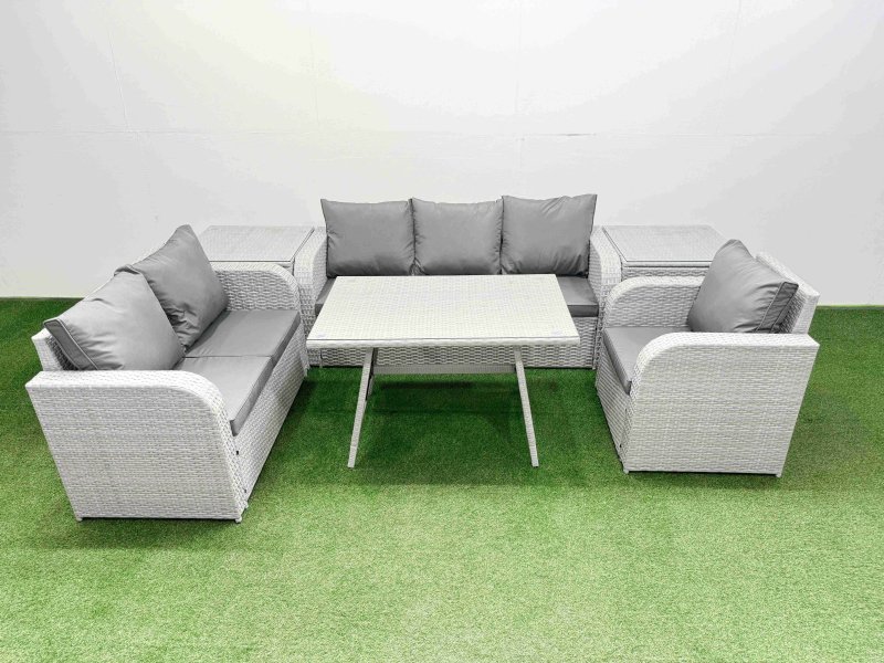 Fimous Rattan High Back Lounge Sofa Set Patio Dining Table & Chairs Set with 3 Seater Sofa Reclining Chair 2 Side Tables Light Grey