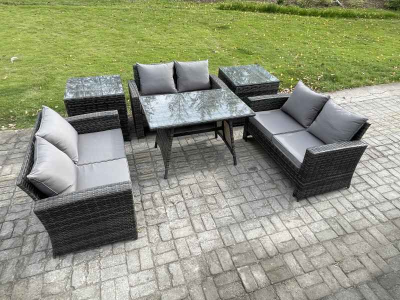 Fimous 6 PCS Outdoor Lounge Sofa Set Wicker PE Rattan Garden Furniture Set with Rectangular Dining Table Love Seat Sofa 2 Side Tables Dark Grey Mixed