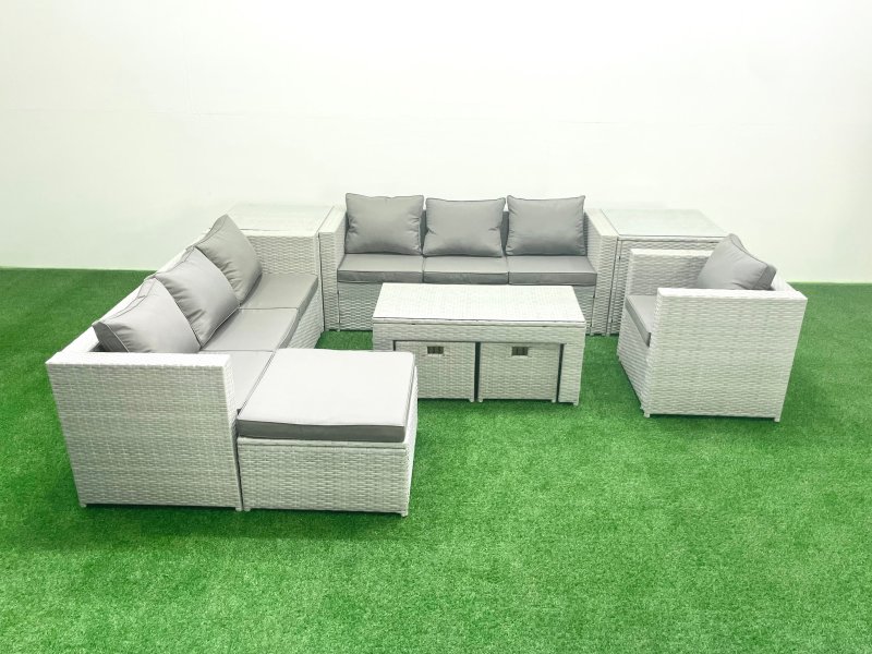Fimous Wicker PE Rattan Sofa Garden Furniture Set with Oblong Coffee Table Armchair 3 Footstools 2 Side Tables Light Grey Mixed