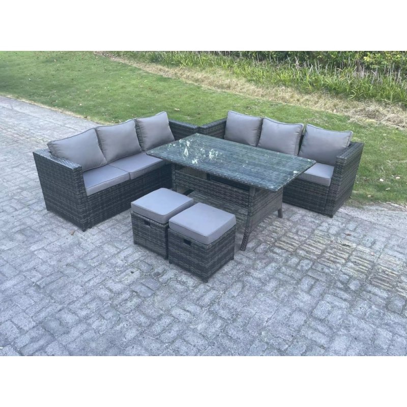 Fimous PE Wicker Outdoor Garden Furniture Set Patio Rattan Rectangular Dining Table Lounge Sofa with 2 Small Footstool 8 Seater Dark Grey Mixed