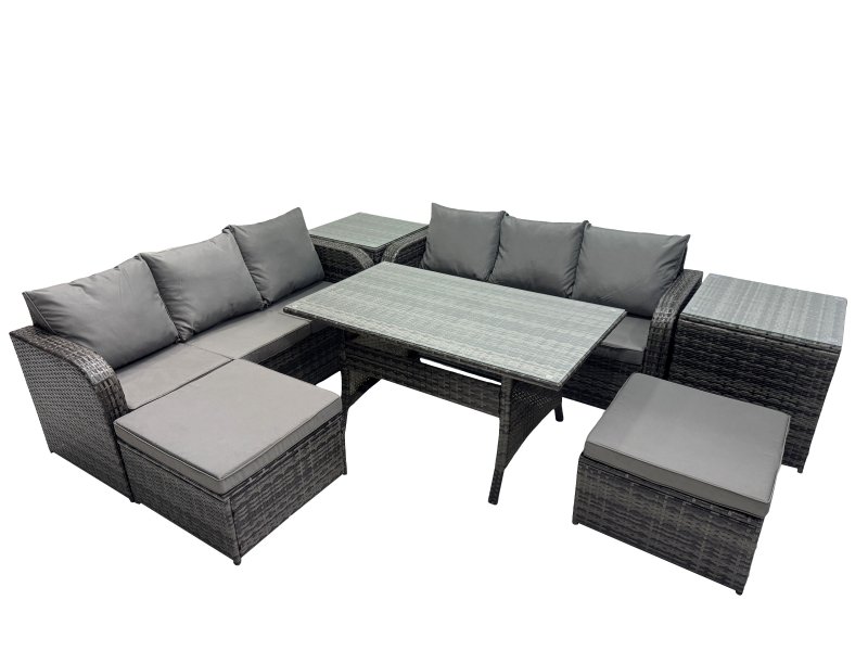 Fimous 8 Seat Outdoor Wicker PE Rattan Garden Furniture Set Dining Table Sofa Set with 2 Big Stools 2 Side Tables Dark Grey Mixed