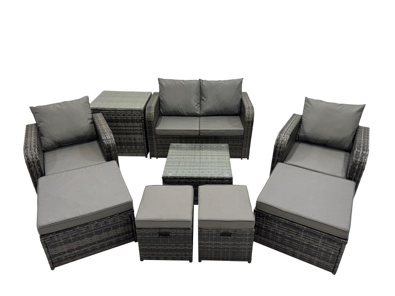 Fimous Rattan Garden Outdoor Furniture Set Love Sofa Reclining Chair Square Coffee Table Set with 4 Stools Side Table Dark Grey Mixed