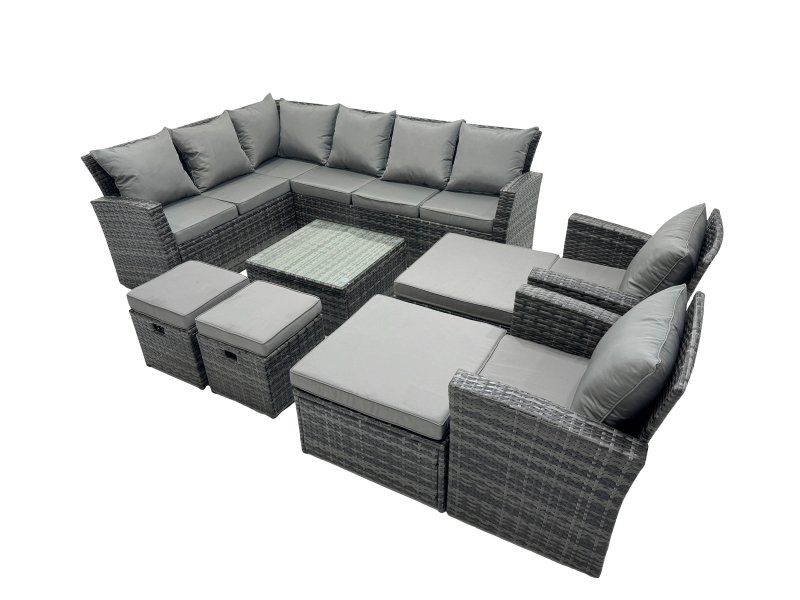Fimous 12 Seat Poly Rattan Outdoor Patio Coffee Table Corner Sofa Set with 4 Stool 2 Chairs for Garden Backyard Dark Grey Mixed