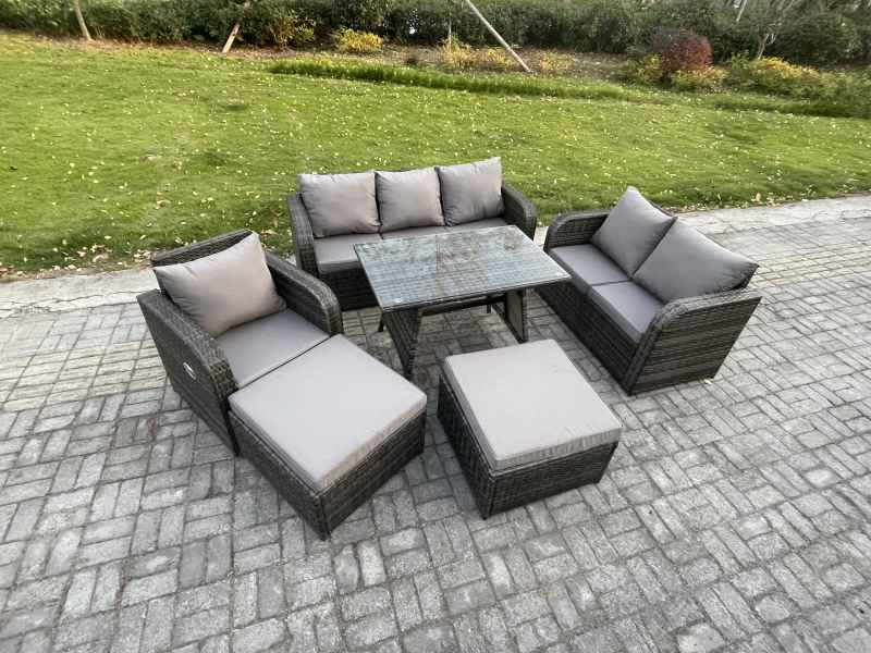 Fimous Rattan Garden Furniture Dining Set 8 seater Patio Rectangular Table 2 Big Footstool Love Sofa Reclining Chair Dark Grey Mixed